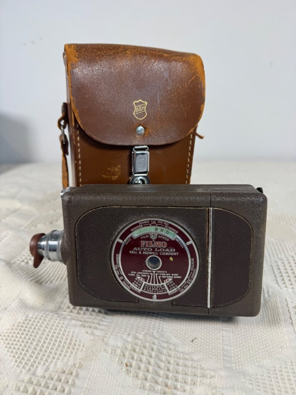 Vintage Bell and Howell Filmo Auto Load 8mm Movie Camera With Brown Leather Case